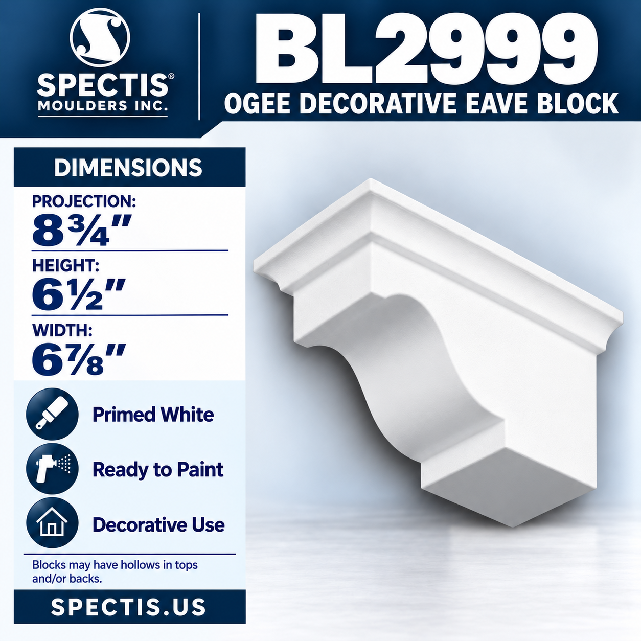 BL2999 Ogee Decorative Eave Block 6.875"W x 6.5"H x 8.75"P
