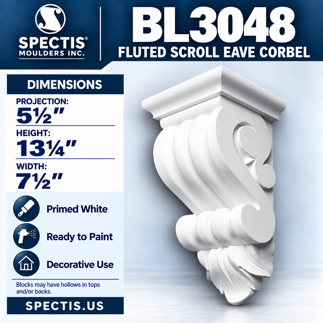 BL3048 Fluted Scroll Eave Corbel 7.5"W x 13.25"H x 5.5"P