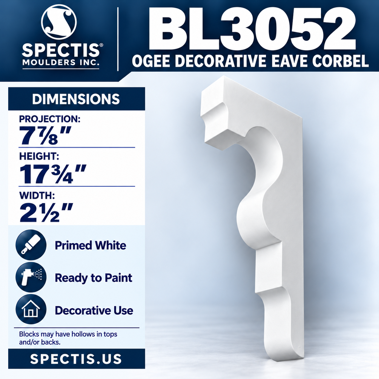BL3052 Ogee Decorative Eave Corbel 2.5"W x 17.75"H x 7.875"P
