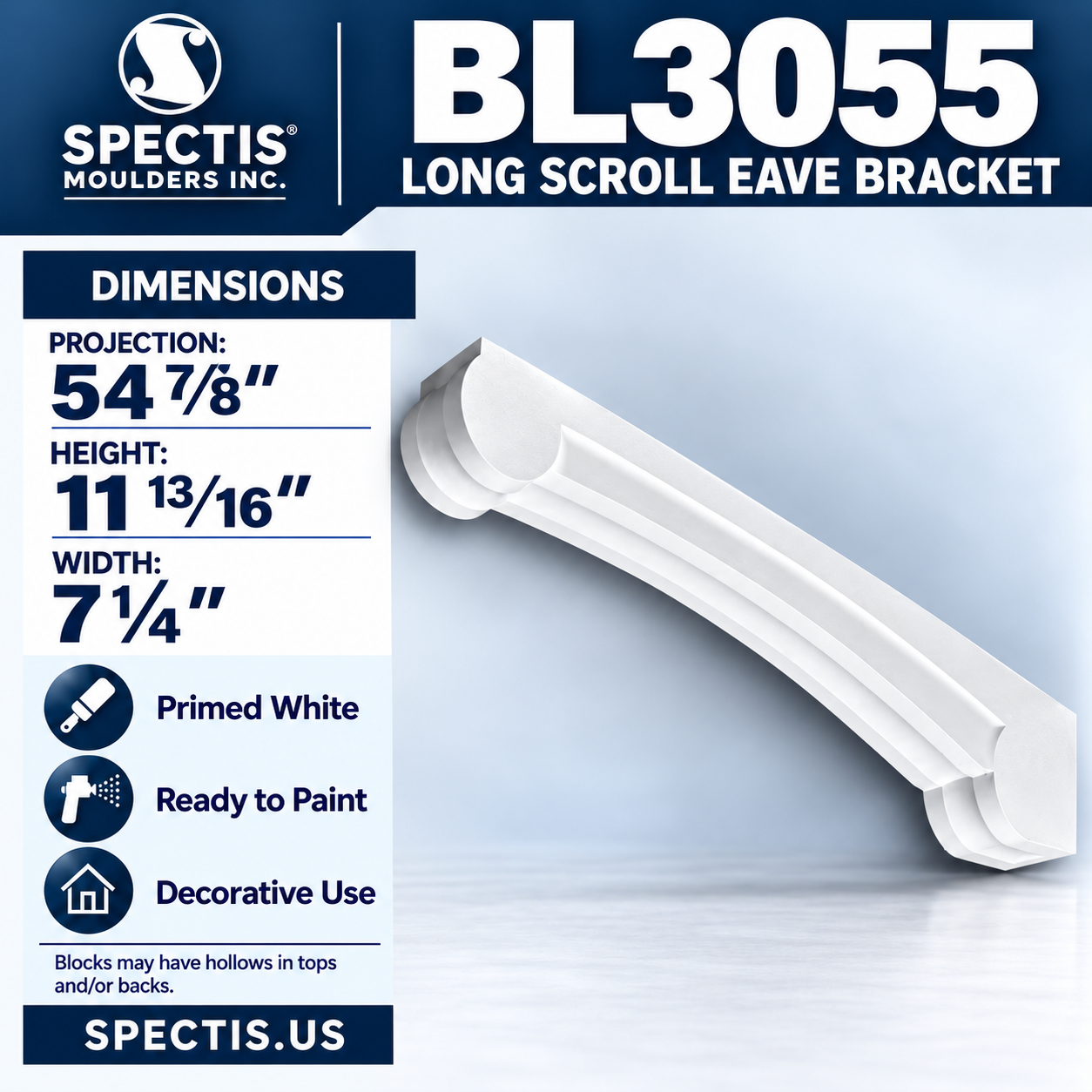 BL3055 Long Scroll Eave Bracket 7.25"W x 11.8125"H x 54.875"P