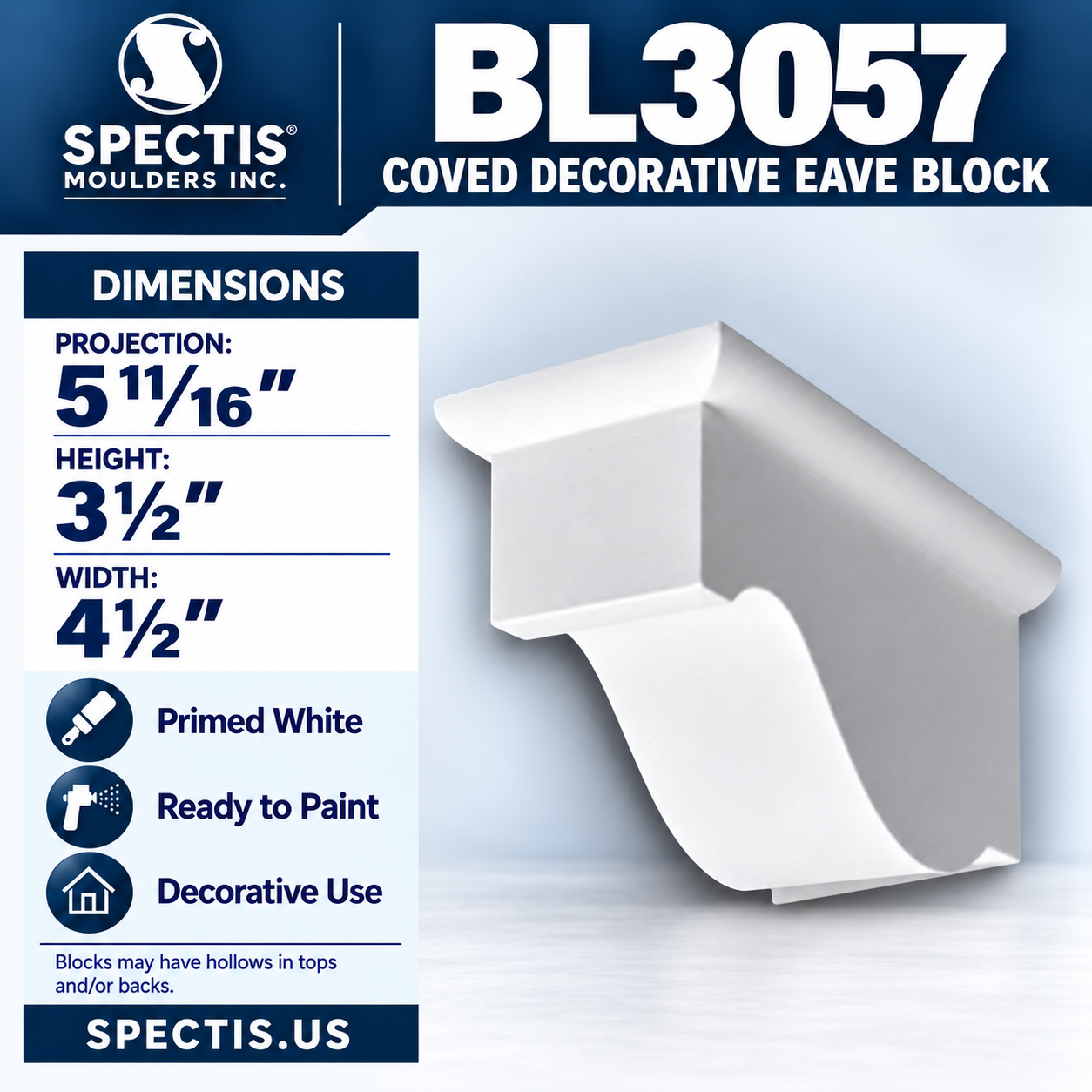 BL3057 Coved Decorative Eave Block 4.5"W x 3.5"H x 5.6875"P