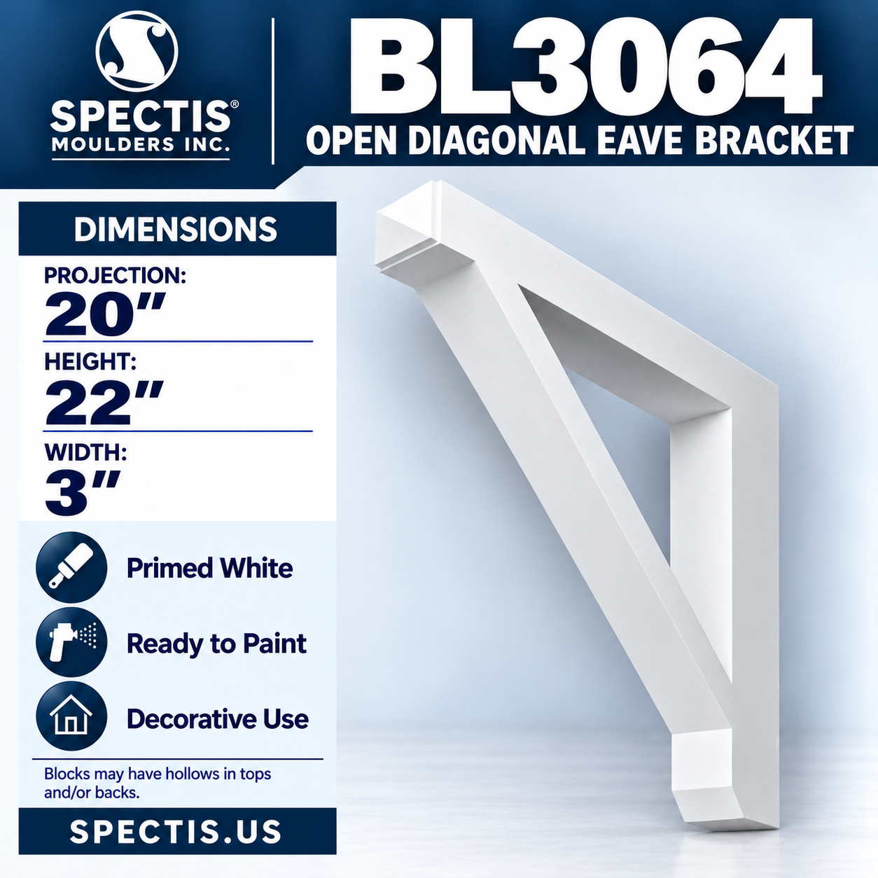BL3064 Open Diagonal Eave Bracket 3"W x 22"H x 20"P