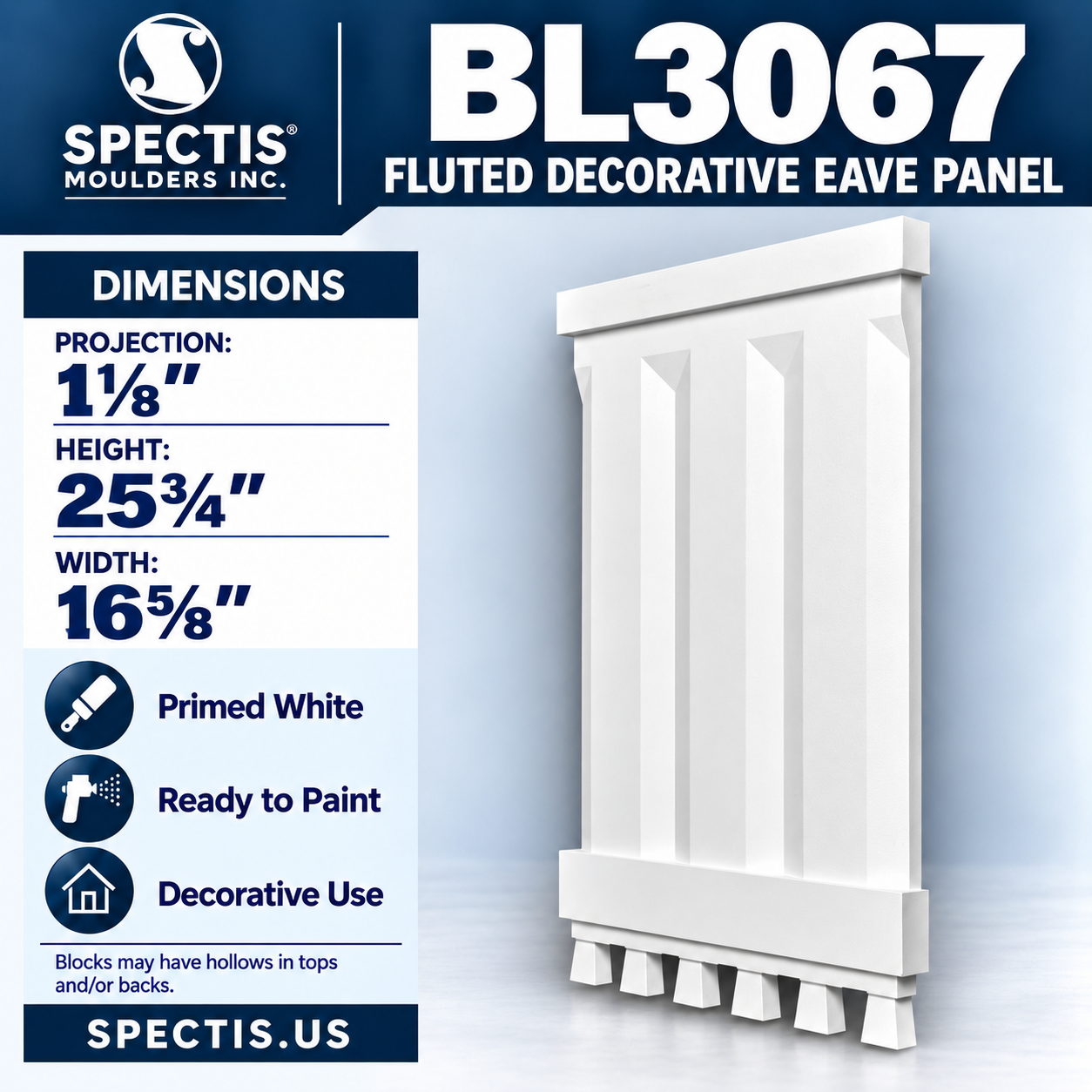 BL3067 Fluted Decorative Eave Panel 16.625"W x 25.75"H x 1.125"P
