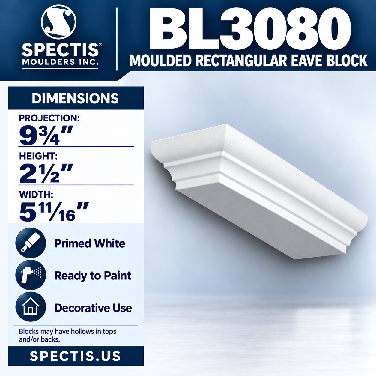 BL3080 Moulded Rectangular Eave Block 5.6875"W x 2.5"H x 9.75"P