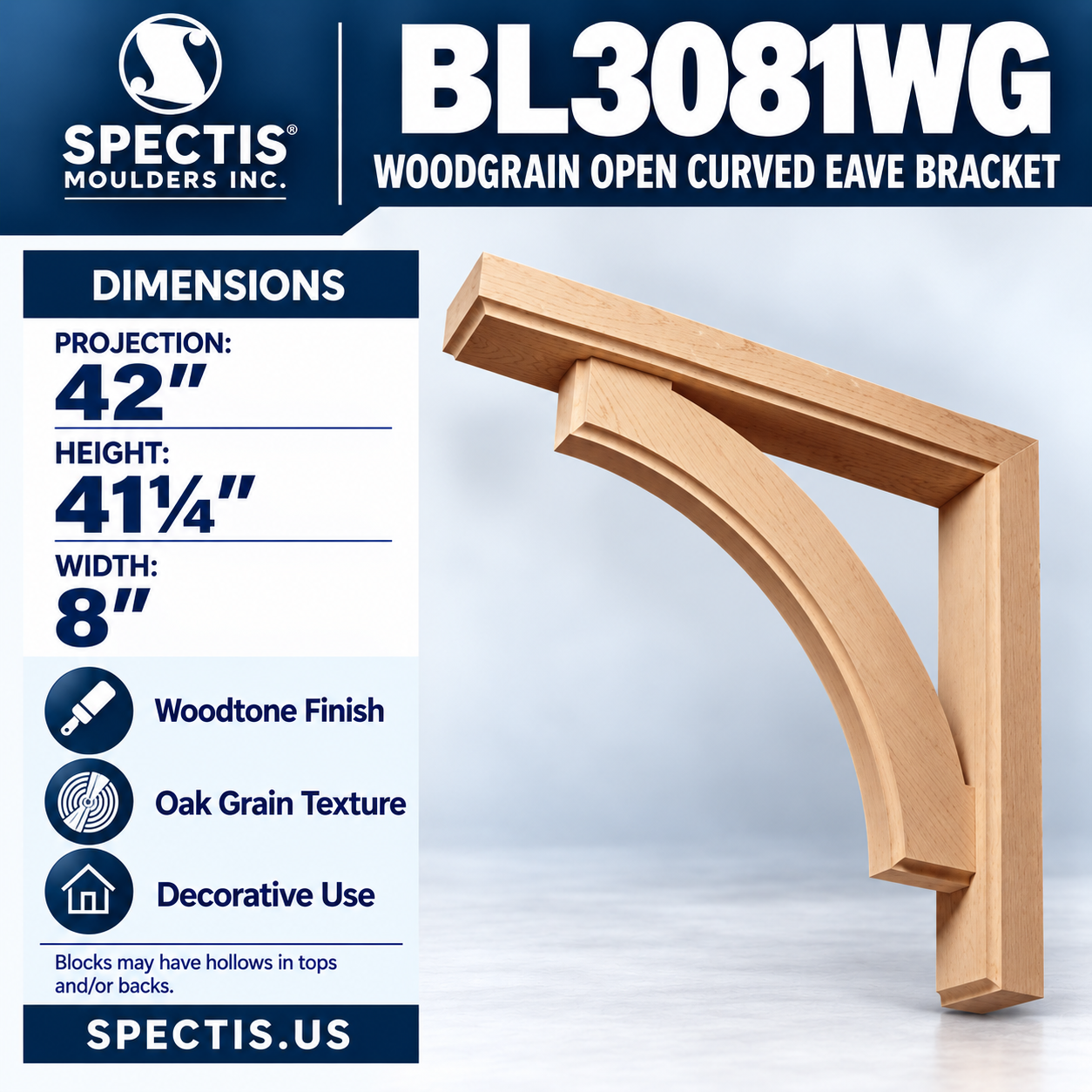 BL3081WG Woodgrain Open Curved Eave Bracket 8"W x 41.25"H x 42"P