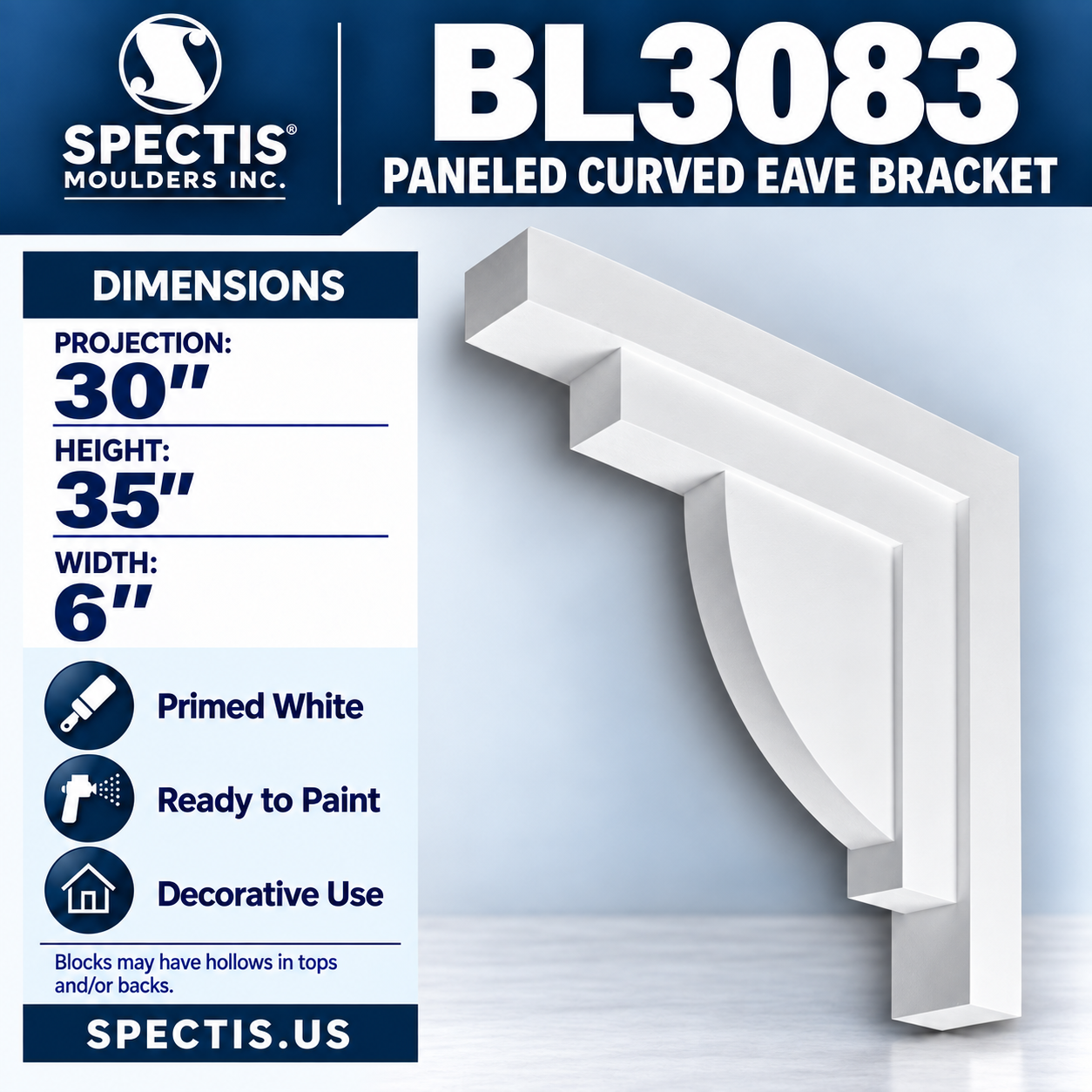 BL3083 Paneled Curved Eave Bracket 6"W x 35"H x 30"P