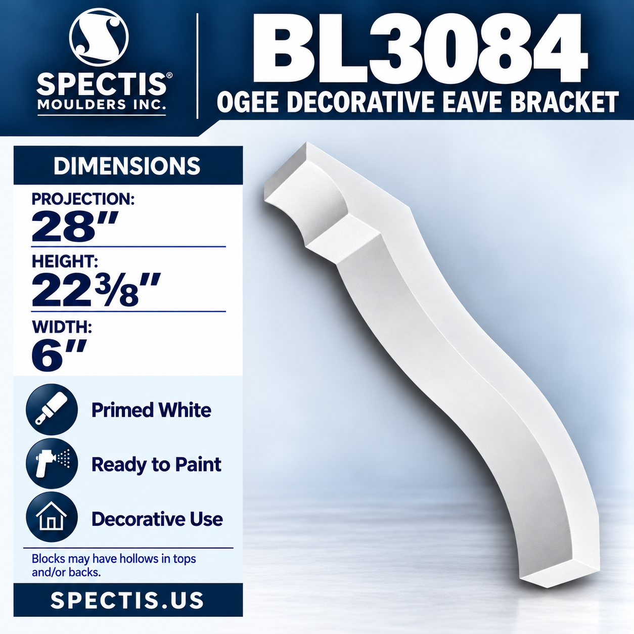 BL3084 Ogee Decorative Eave Bracket 6"W x 22.375"H x 28"P