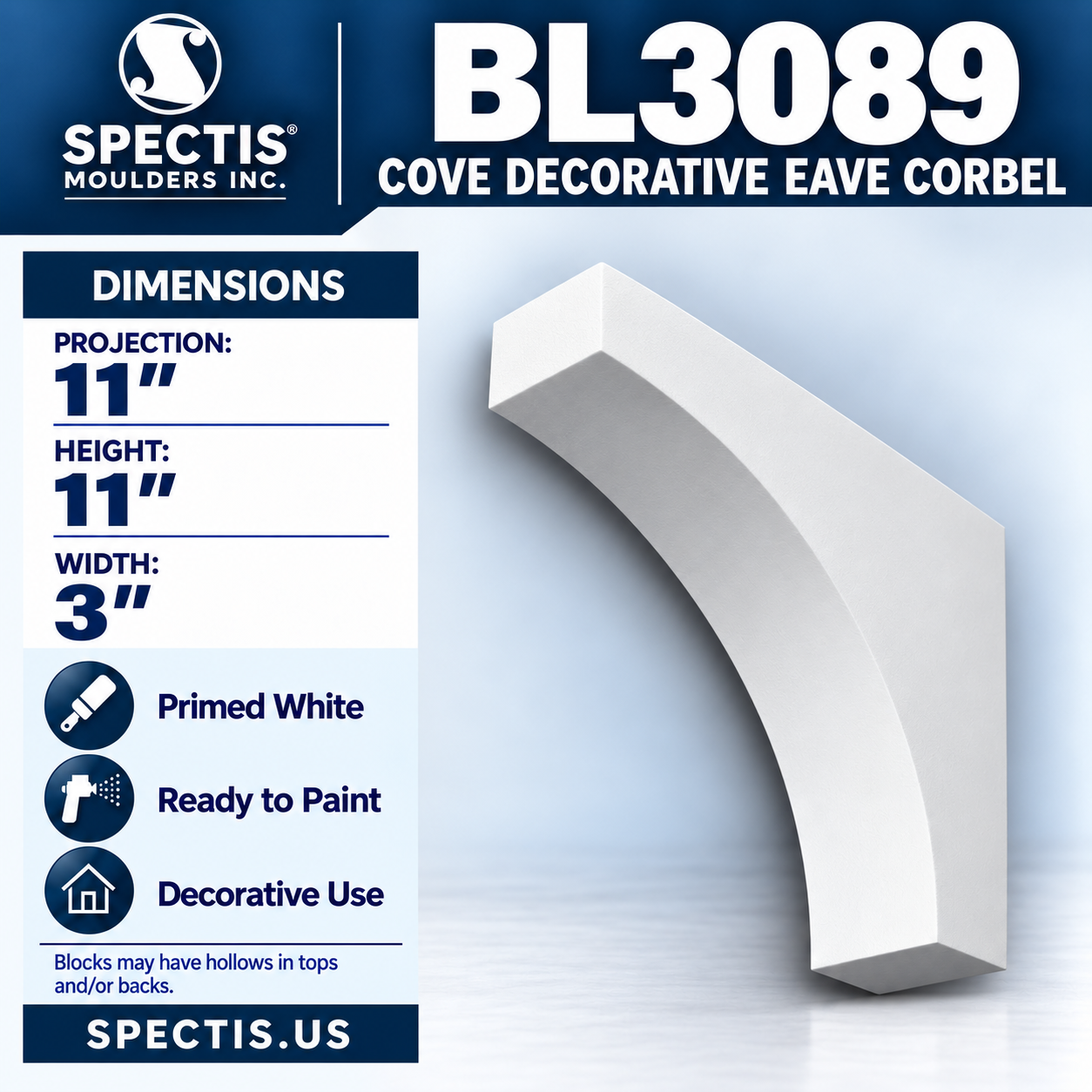 BL3089 Cove Decorative Eave Corbel 3"W x 11"H x 11"P