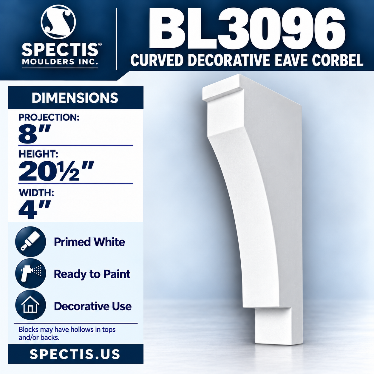 BL3096 Curved Decorative Eave Corbel 4"W x 20.5"H x 8"P