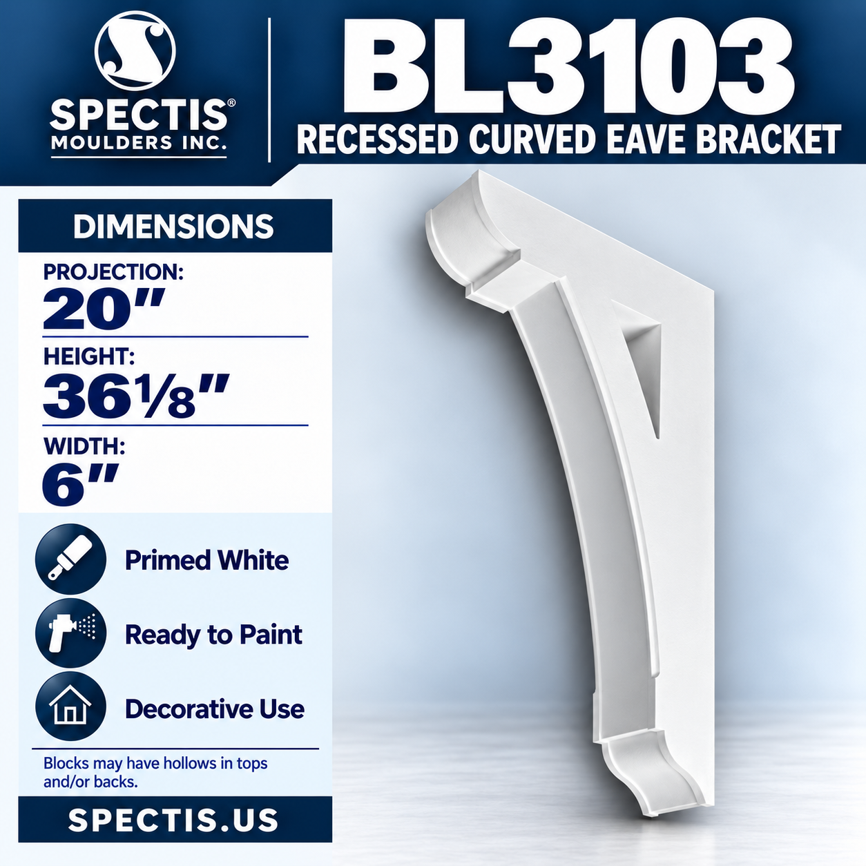 BL3103 Recessed Curved Eave Bracket 6"W x 36.125"H x 20"P