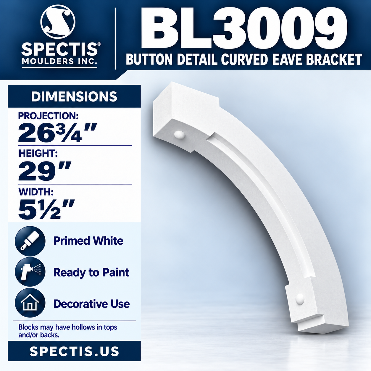 BL3009 Button Detail Curved Eave Bracket 5.5"W x 29"H x 26.75"P
