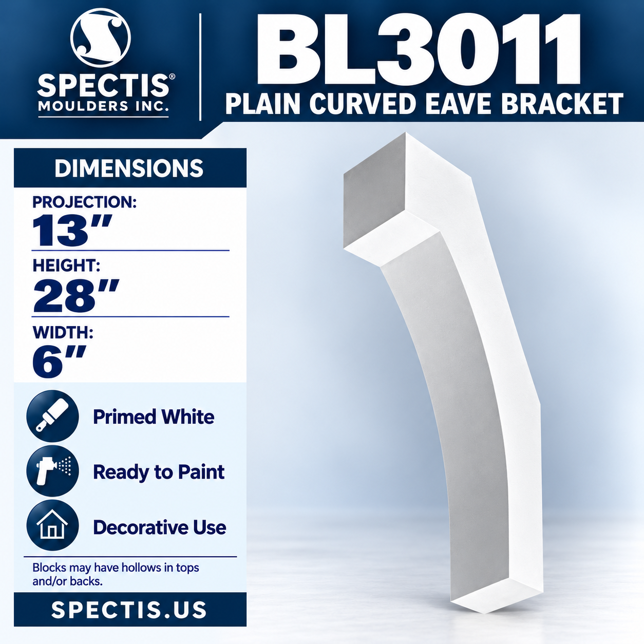 BL3011 Plain Curved Eave Bracket 6"W x 28"H x 13"P