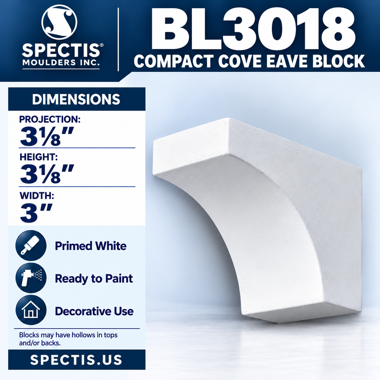 BL3018 Compact Cove Eave Block 3"W x 3.125"H x 3.125"P
