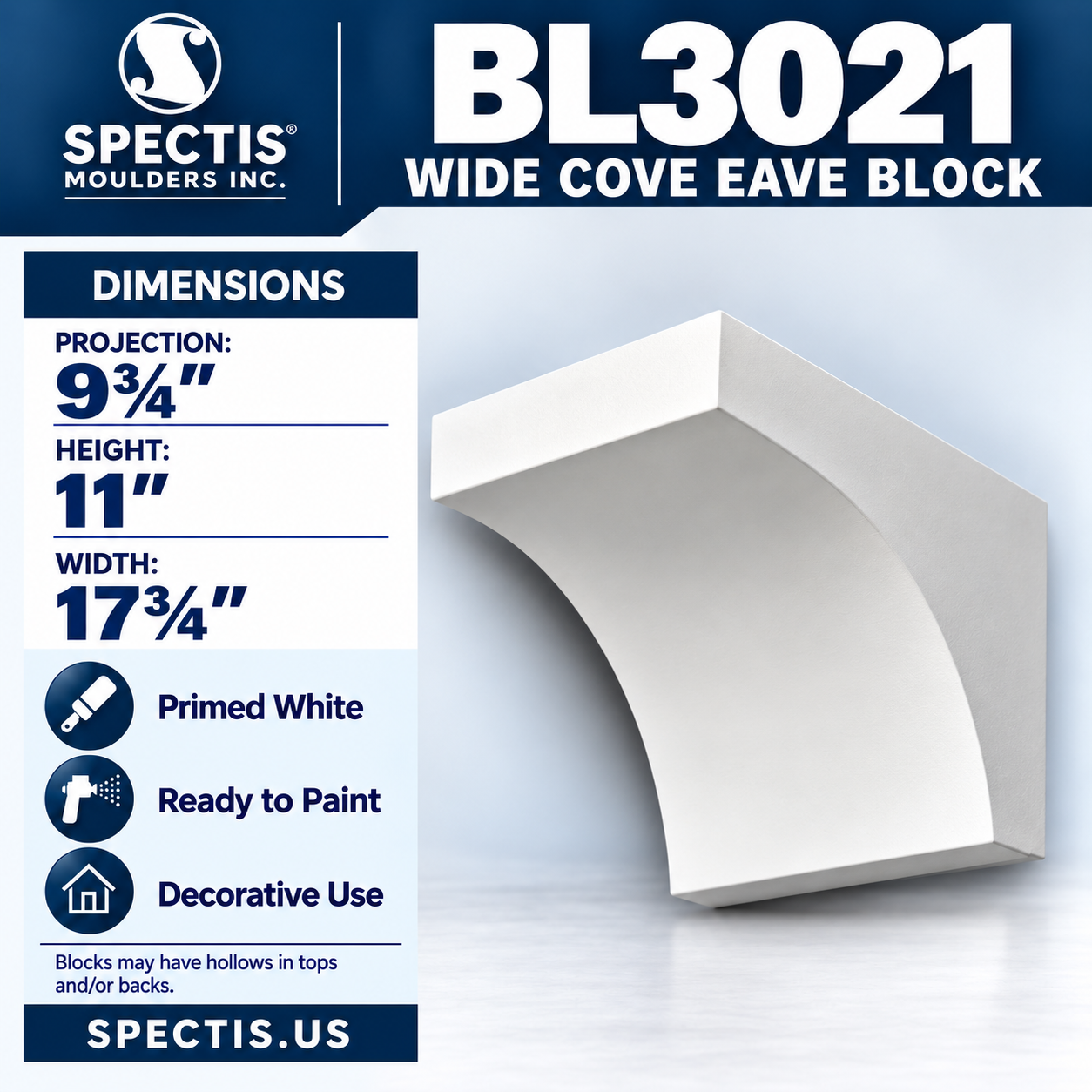 BL3021 Wide Cove Eave Block 17.75"W x 11"H x 9.75"P