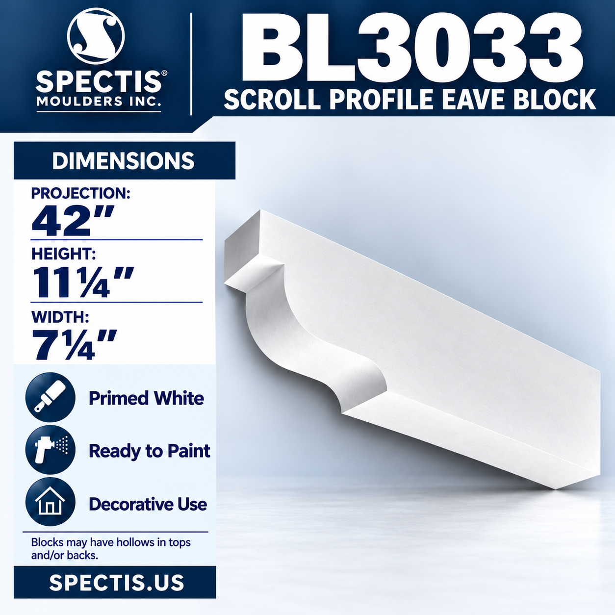BL3033 Scroll Profile Eave Block 7.25"W x 11.25"H x 42"P