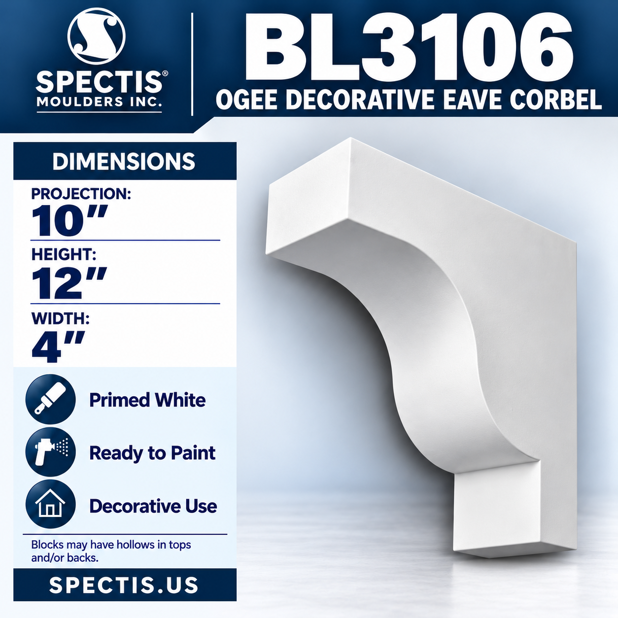 BL3106 Ogee Decorative Eave Corbel 4"W x 12"H x 10"P