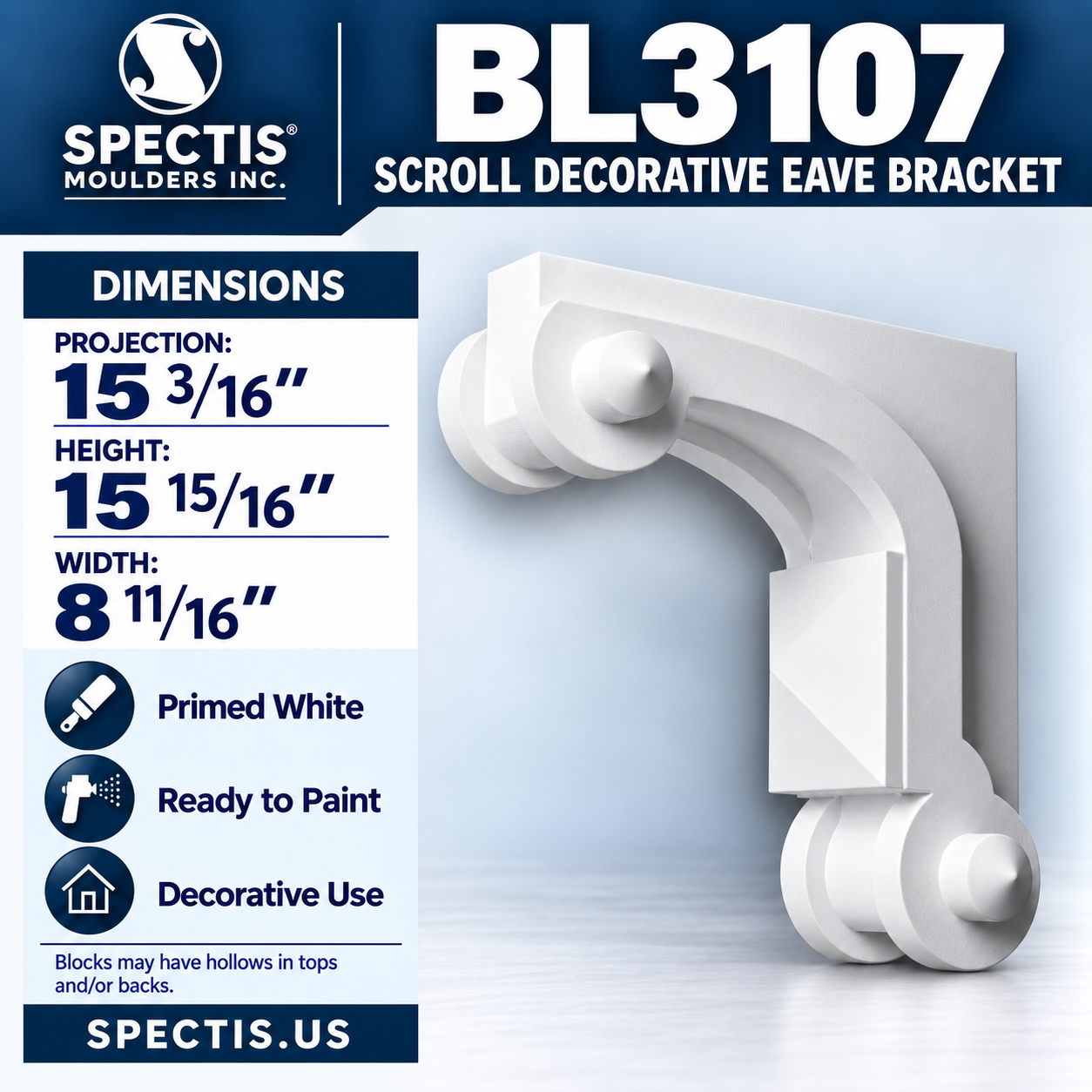 BL3107 Scroll Decorative Eave Bracket 8.6875"W x 15.9375"H x 15.1875"P