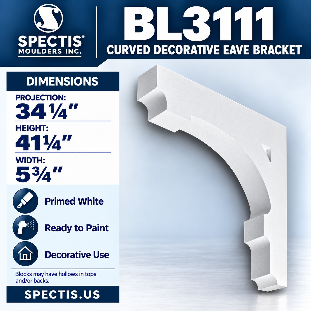 BL3111 Curved Decorative Eave Bracket 5.75"W x 41.25"H x 34.25"P