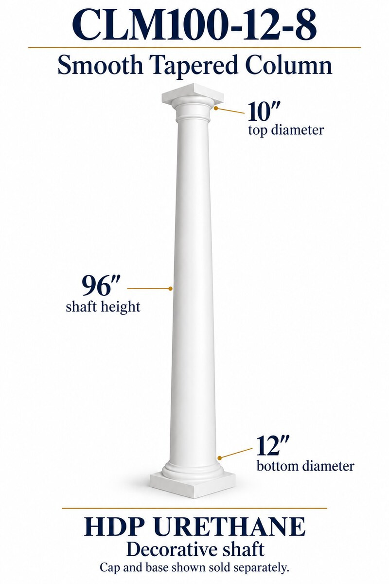 CLM100-12-8 Smooth Tapered Decorative Column – 12″ bottom × 10″ top × 96″ shaft