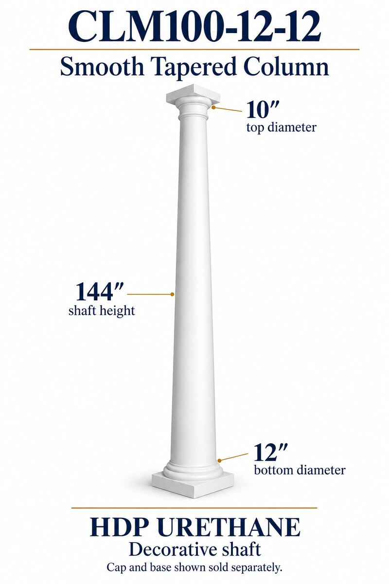 CLM100-12-12 Smooth Tapered Decorative Column – 12″ bottom × 10″ top × 144″ shaft