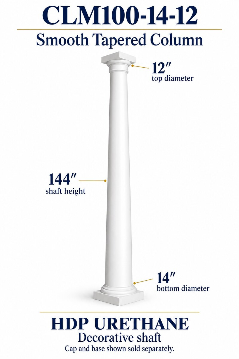 CLM100-14-12 Smooth Tapered Decorative Column – 14″ bottom × 12″ top × 144″ shaft