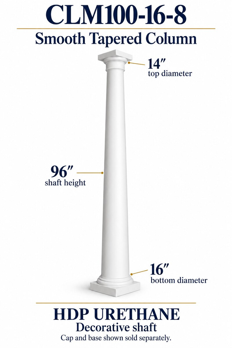 CLM100-16-8 Smooth Tapered Decorative Column – 16″ bottom × 14″ top × 96″ shaft