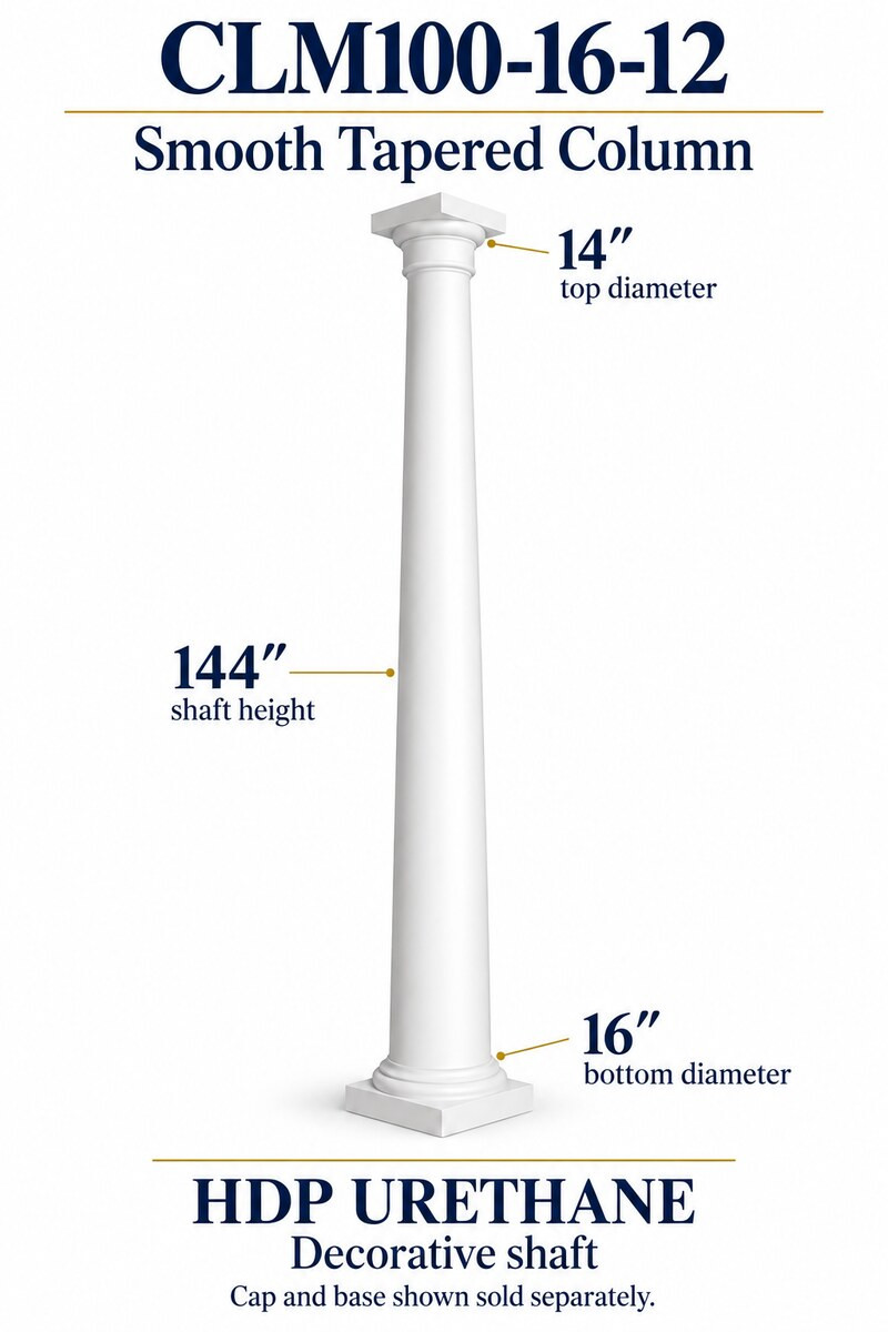CLM100-16-12 Smooth Tapered Decorative Column – 16″ bottom × 14″ top × 144″ shaft