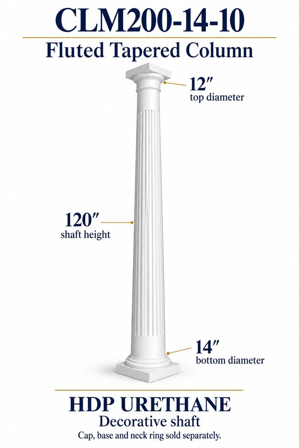 CLM200-14-10 Fluted Tapered Decorative Column – 14″ bottom × 12″ top × 120″ shaft