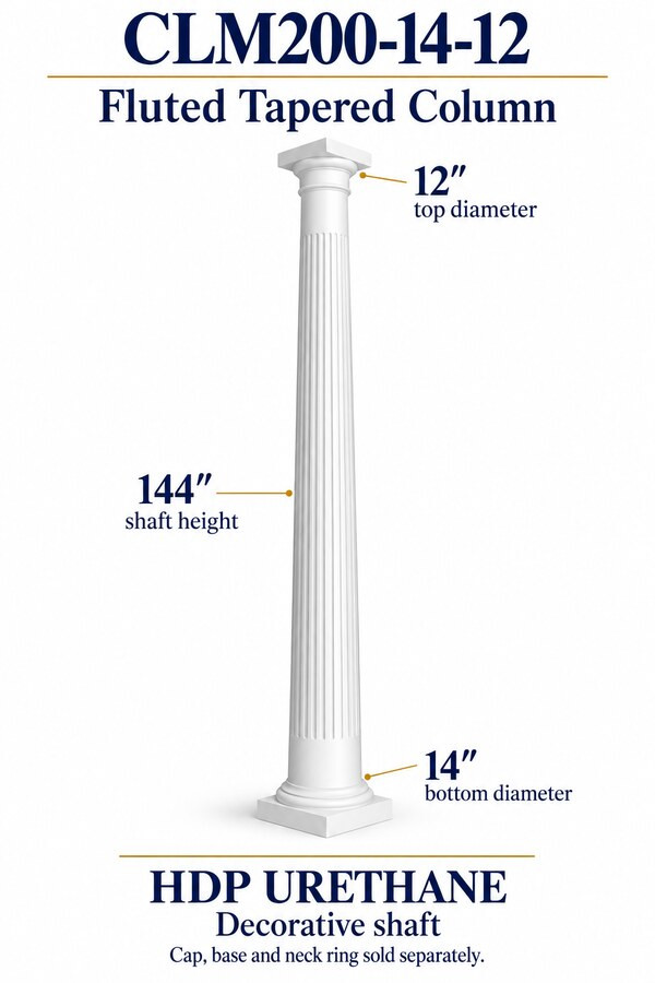 CLM200-14-12 Fluted Tapered Decorative Column – 14″ bottom × 12″ top × 144″ shaft