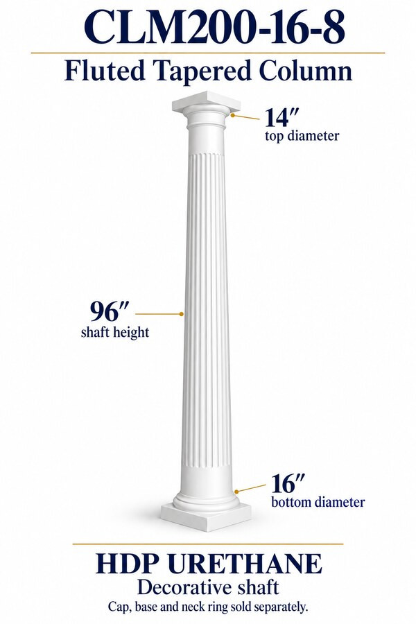CLM200-16-8 Fluted Tapered Decorative Column – 16″ bottom × 14″ top × 96″ shaft