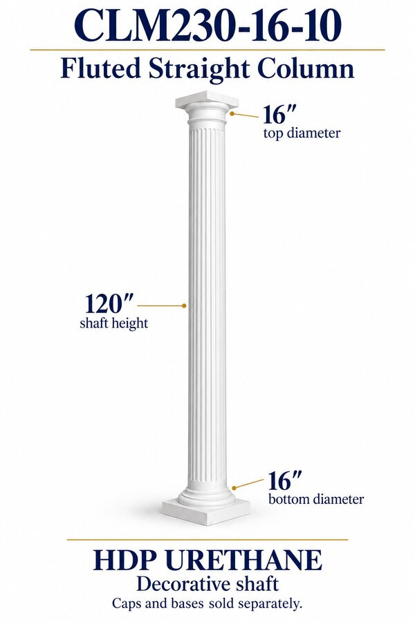 CLM230-16-10 Fluted Straight Decorative Column – 16″ diameter × 120″ shaft