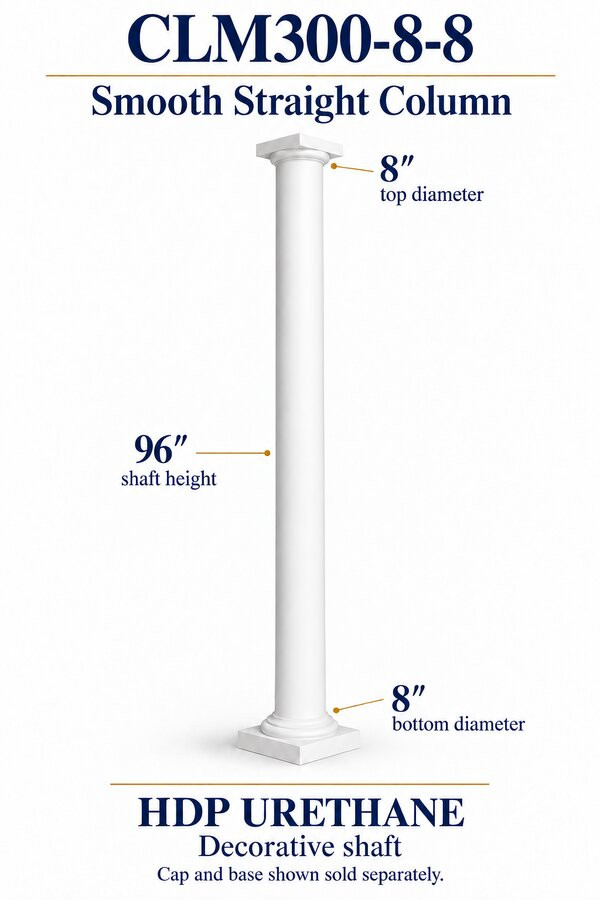 CLM300-8-8 Smooth Straight Decorative Column – 8″ diameter × 96″ shaft