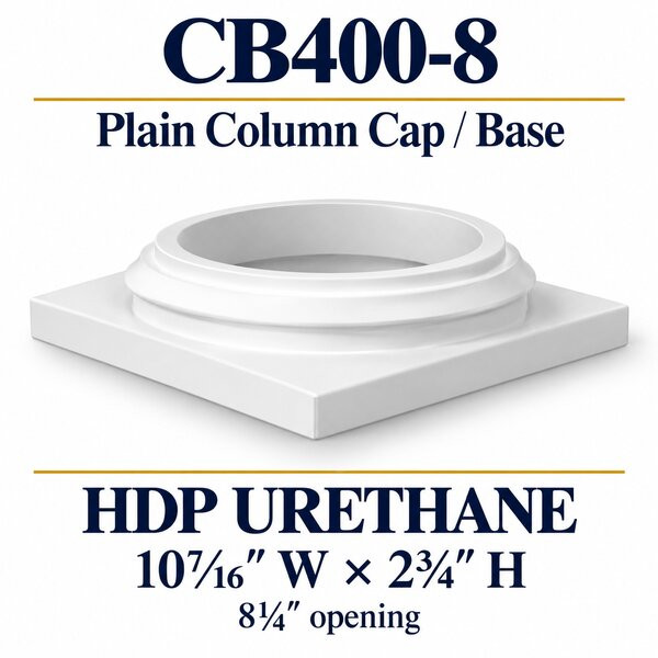 CB400-8 plain column cap or base, 10 and 7/16 inches wide and 2 and three quarter inches high.