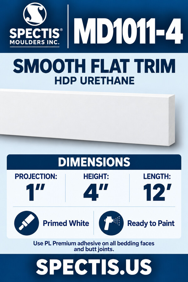 MD1011-4 Smooth Flat Trim — HDP Urethane — 1″ P × 4″ H × 12′ L