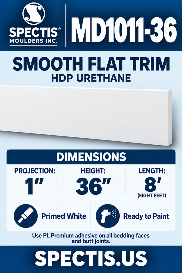 MD1011-36 Smooth Flat Trim — HDP Urethane — 1″ P × 36″ H × 8′ L