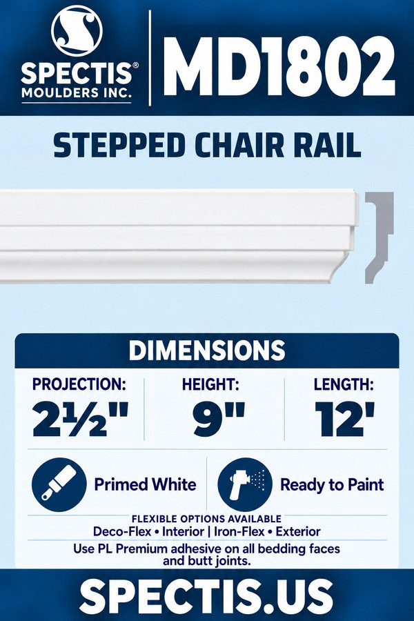 MD1802 stepped chair rail section and side profile