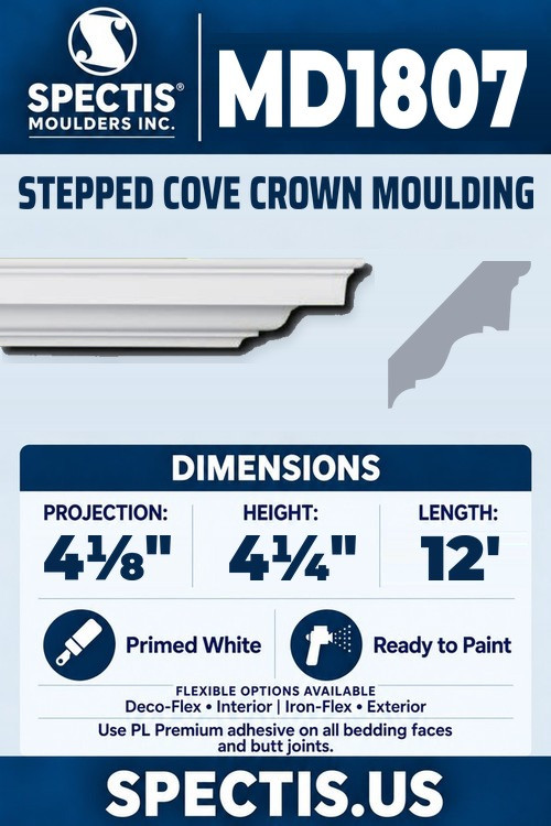 MD1807 stepped cove crown moulding section and side profile