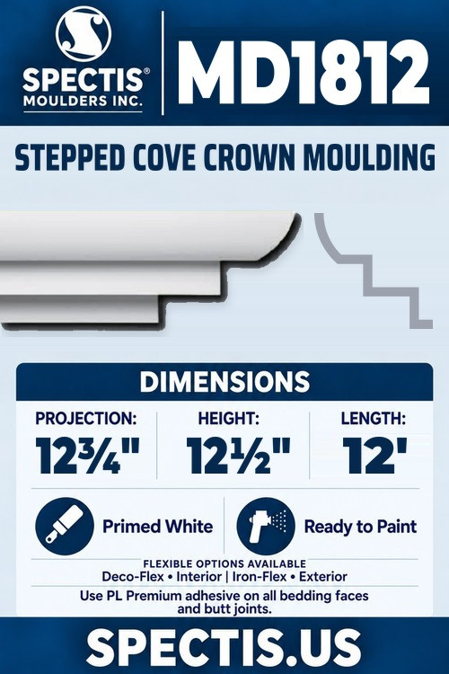 MD1812 stepped cove crown moulding section and side profile