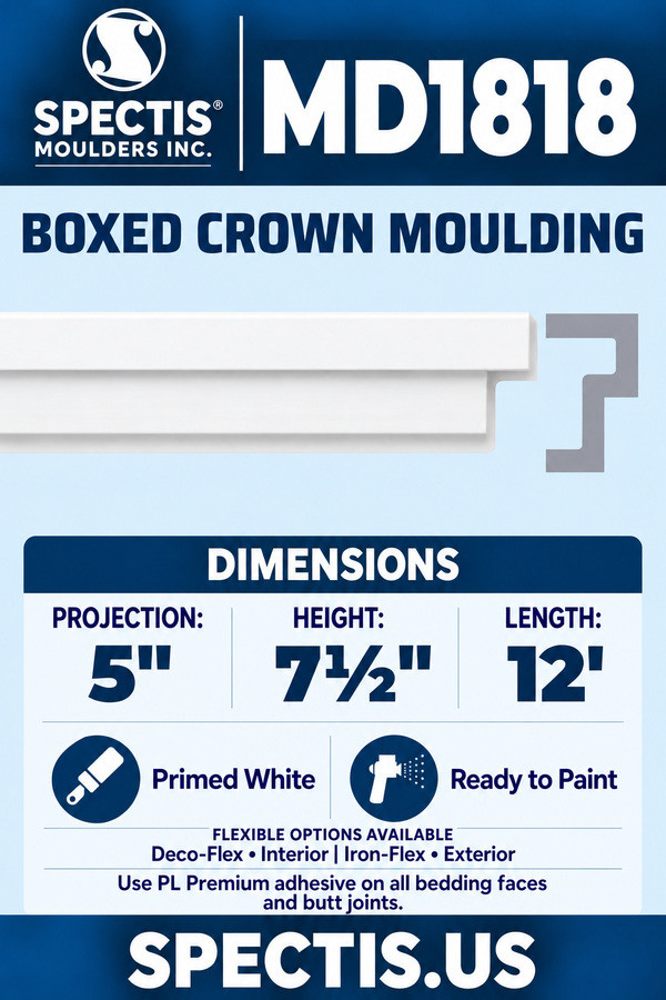MD1818 boxed crown moulding section and side profile