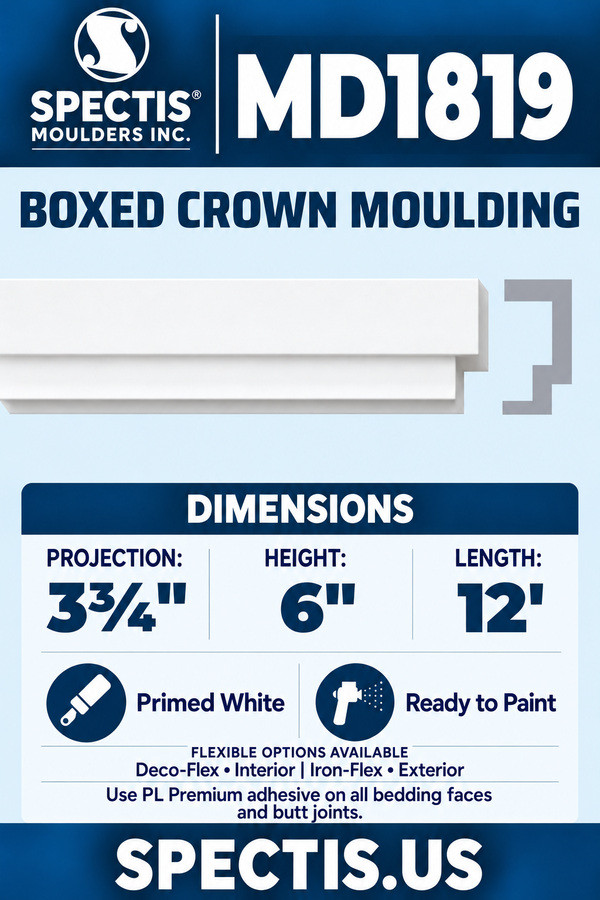 MD1819 boxed crown moulding section and side profile