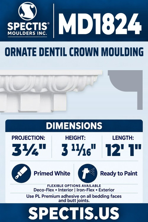 MD1824 ornate dentil crown moulding section and side profile