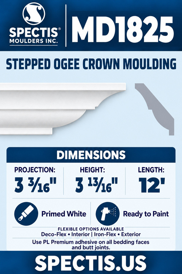 MD1825 stepped ogee crown moulding section and side profile