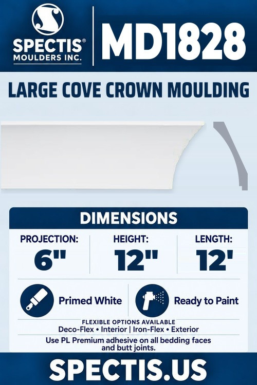 MD1828 large cove crown moulding section and side profile