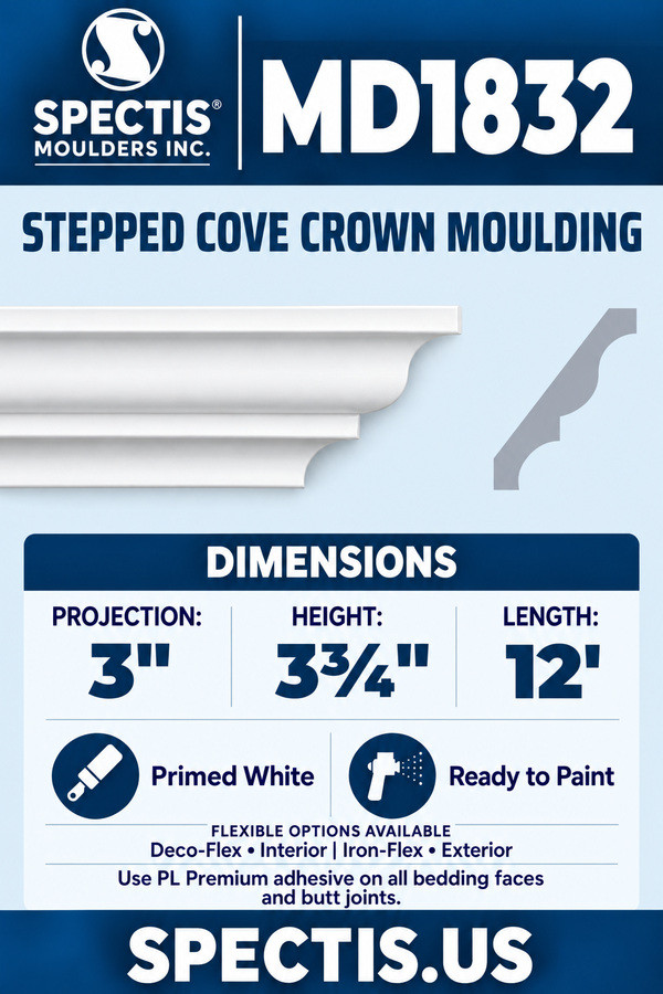 MD1832 stepped cove crown moulding section and side profile