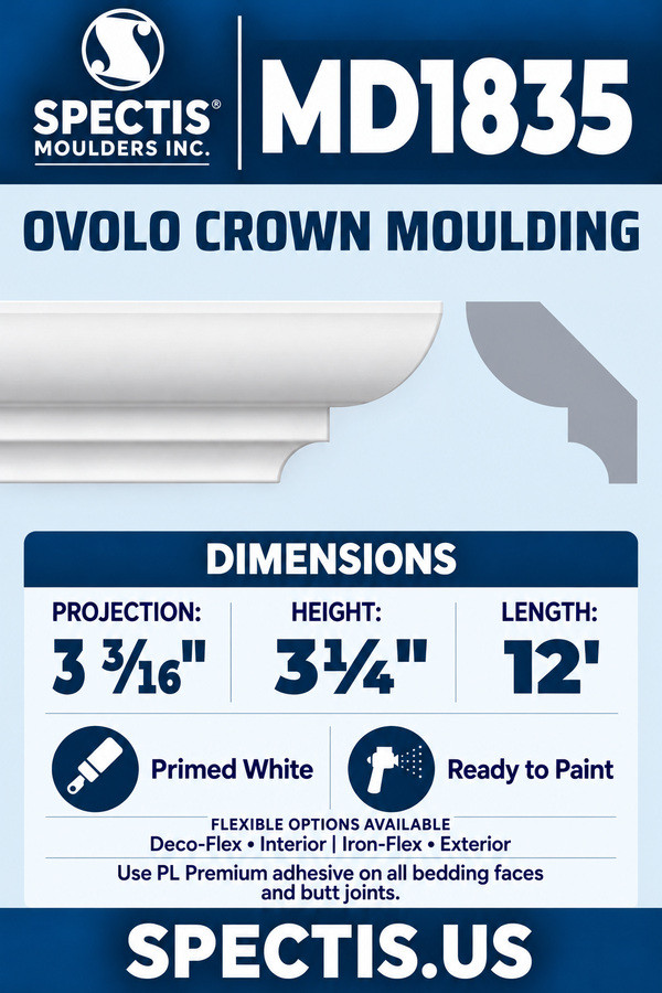 MD1835 ovolo crown moulding section and side profile