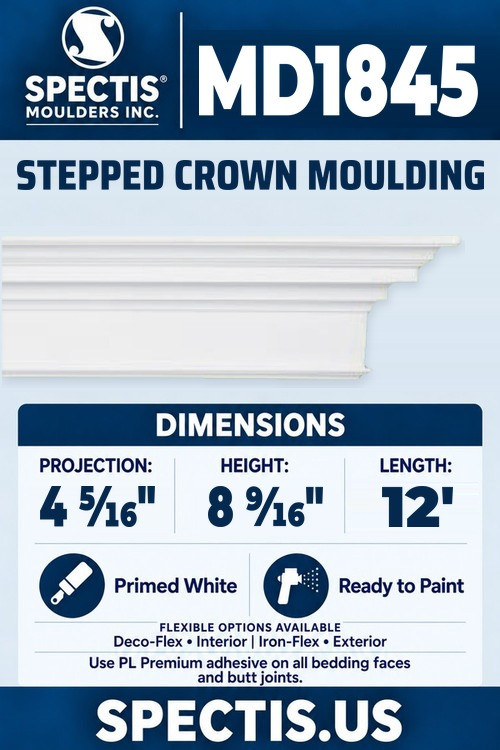 MD1845 stepped crown moulding section and side profile