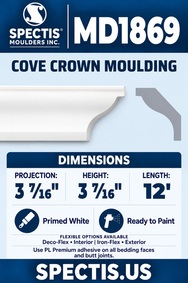MD1869 cove crown moulding section and side profile