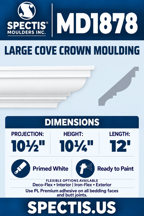 MD1878 large cove crown moulding section and side profile