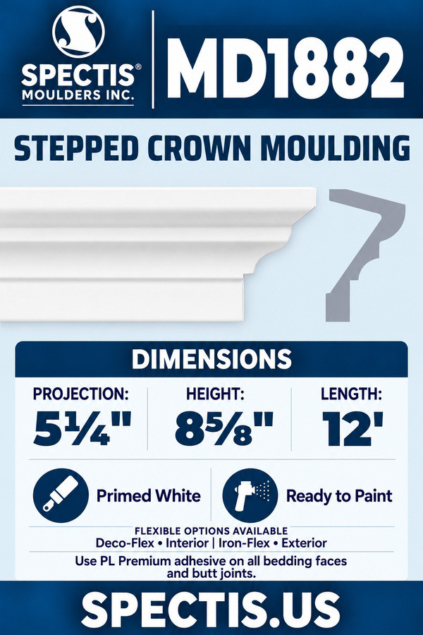 MD1882 stepped crown moulding section and side profile