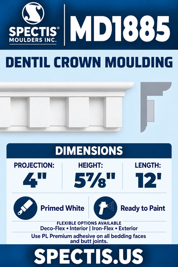 MD1885 dentil crown moulding section and side profile
